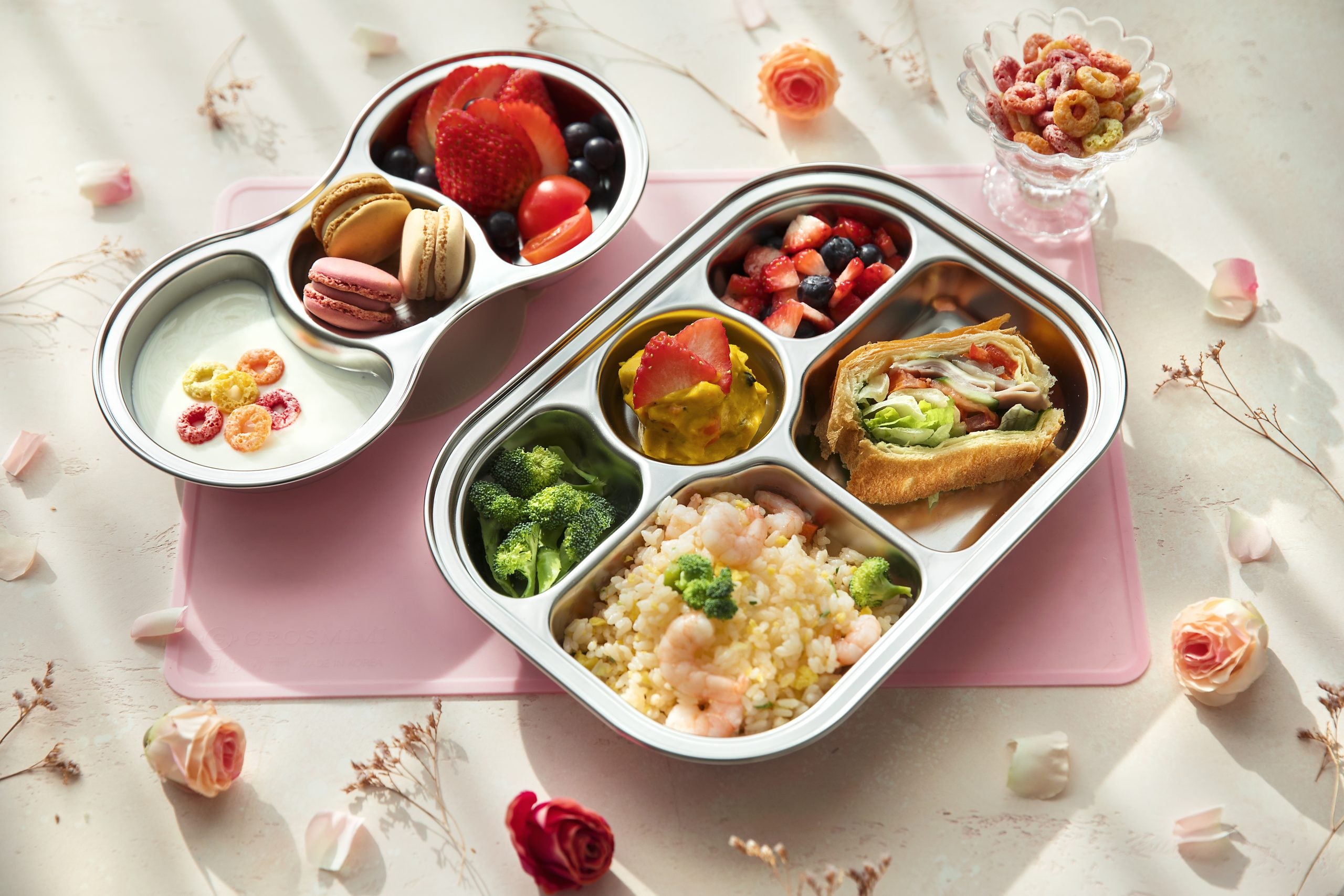 GROSMIMI Stainless Food Tray 3 Compartment With Suction Plate And Lid